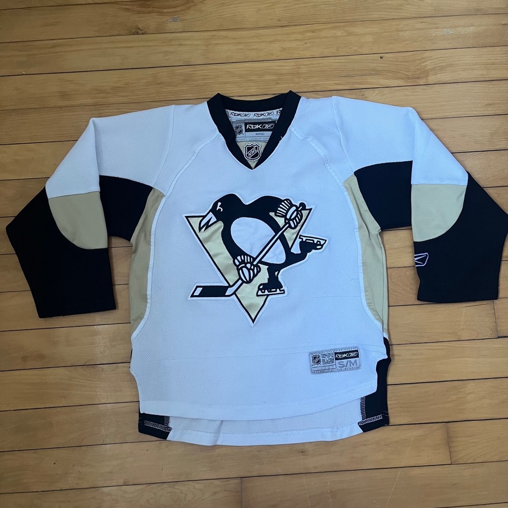 Reebok CCM Pittsburgh Penguins NHL Jersey Youth S/M White Black Gold Hockey